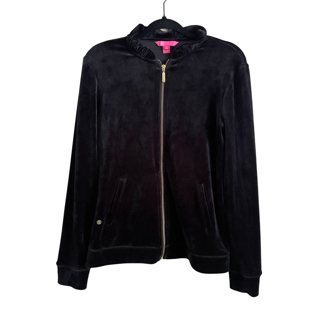Lilly Pulitzer Jayla Velour Ruffle Neck Zip Up Track Jacket Medium Black Y2K